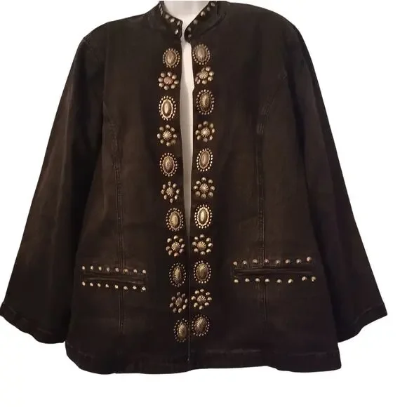 DG2 by Diane Gilman Black Denim Jeans Jacket With Silver Details. 2X - Picture 1 of 13